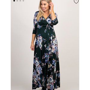 NWT XL PinkBlush Green Floral Sash Maternity Dress